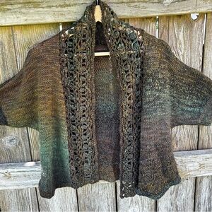 Cardigan Open Front Crocheted Vintage Short Sleeve Women’s Medium Earth Tones